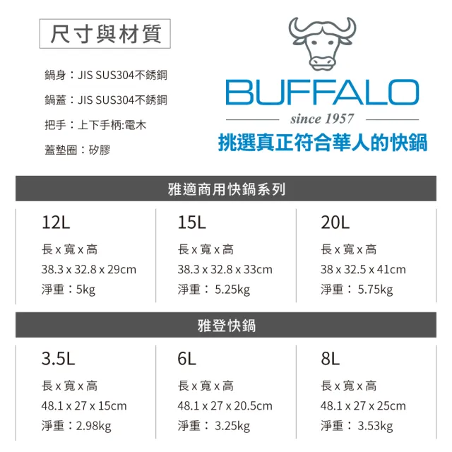 【Buffalo 牛頭牌】雅適商用快鍋15L(壓力鍋/304不鏽鋼/SGS檢測安全無毒/電磁爐.IH爐可/營業用)