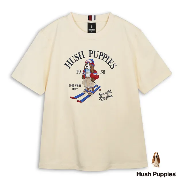 【Hush Puppies】男裝 T恤 Q版滑雪狗刺繡寬版T恤 (米色 / 64111101)