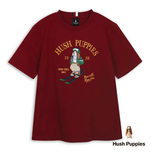 【Hush Puppies】男裝 T恤 Q版滑雪狗刺繡寬版T恤 (暗紅 / 64111101)