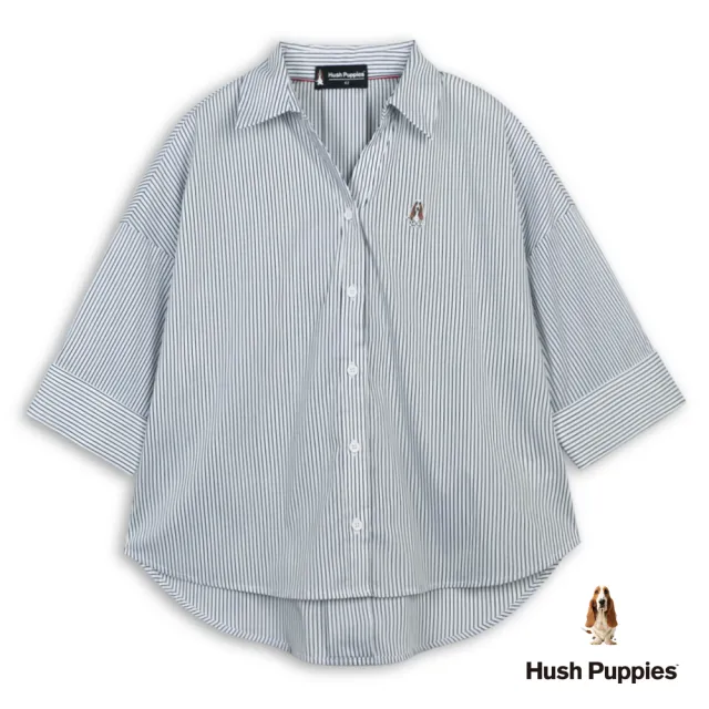 【Hush Puppies】女裝 襯衫 細直條紋刺繡小狗連袖襯衫 (黑/白條紋 / 64212101)