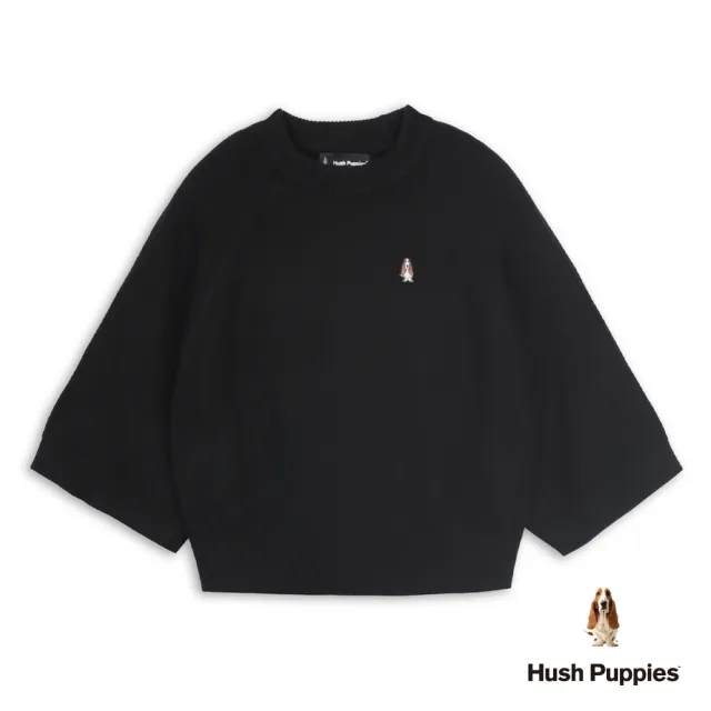 【Hush Puppies】女裝 線衫 素色刺繡小狗七分袖短版線衫 (黑色 / 64213108)