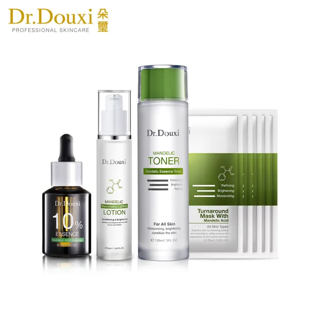 【Dr.Douxi 朵璽】煥膚10%拋光套組-杏仁酸化妝水150ml+精華液10%30ml+杏仁酸光透水乳 50ml+杏仁酸面膜5片
