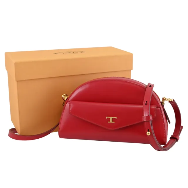 【TOD’S】TODS 金屬T字LOGO小牛皮半月造型迷你小包手拿包斜背包(紅)