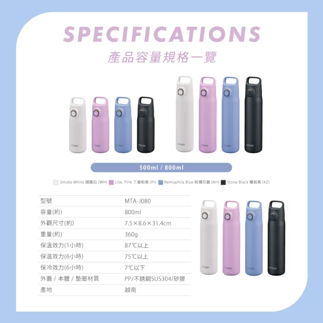 【TIGER 虎牌】momo獨家 買1送1 彈蓋雙層不鏽鋼保溫瓶 800ml(MTA-J080輕量手提保溫杯)