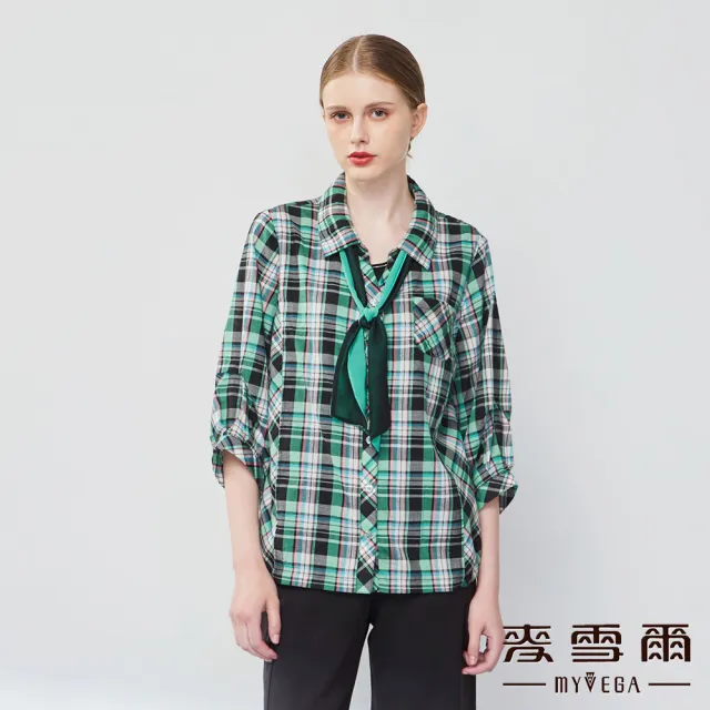 【MYVEGA 麥雪爾】MIT高含棉可拆式絲巾格紋襯衫-綠