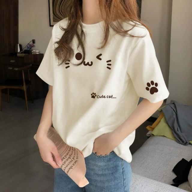 【LANNI 藍尼】★貓咪表情印花百搭圓領T恤(女裝/短袖上衣/休閒/日系/通勤)