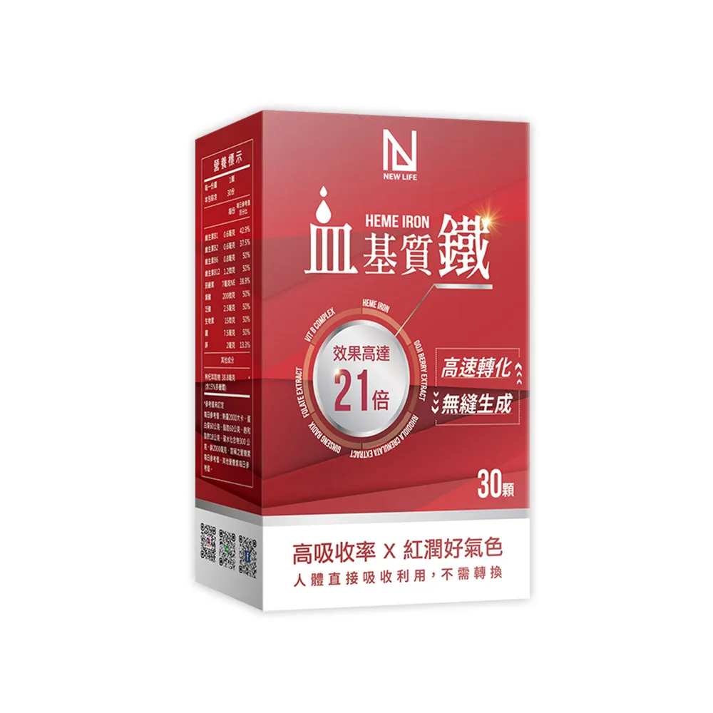 【明山玫伊.com】NEW LIFE 血基質鐵HEME IRON(30顆/盒 B6 B12 葉酸 紅蔘 紅景天 西印度櫻桃)