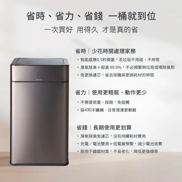 【mo select】智能除臭殺菌不鏽鋼感應垃圾桶30L(雙開蓋/大容量/附充電電池/mo選)