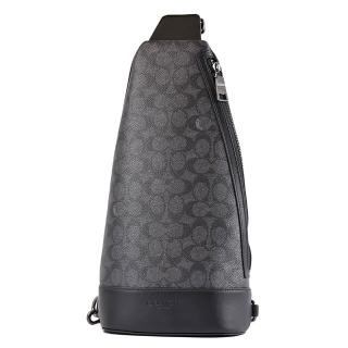 【COACH】男款 Warner 緹花LOGO防刮拉鍊單肩背胸包-灰黑