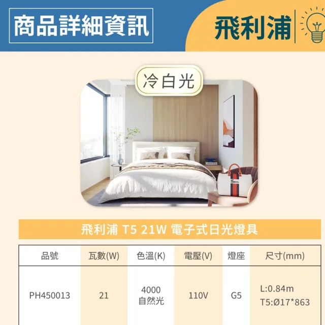 【Philips 飛利浦】2入組 飛利浦 21W 3尺 110V 支架燈 層板燈 櫥櫃燈 T5燈管(有開關 附串接線)