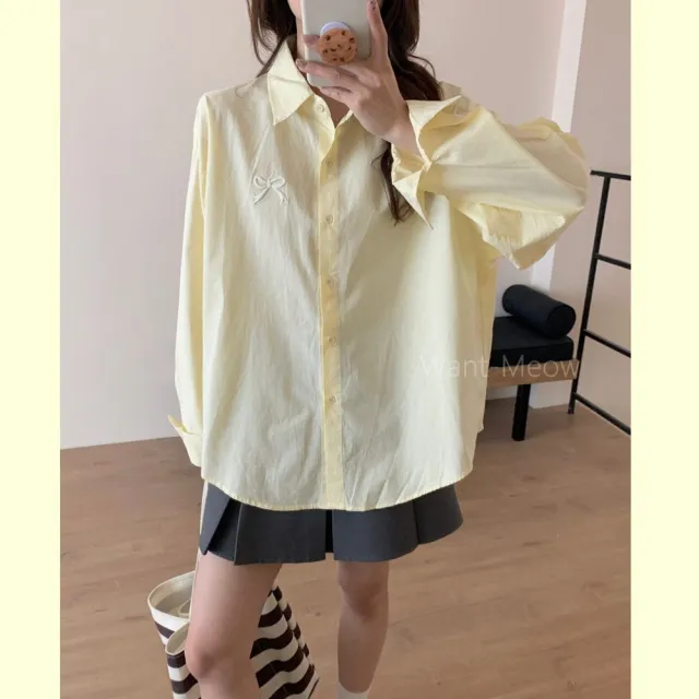【Want-Meow】80公斤可穿/韓系減齡蝴蝶結繡花可愛棉質挺料上衣罩衫襯衫(大碼上衣/大碼/大尺碼/長袖襯衫)