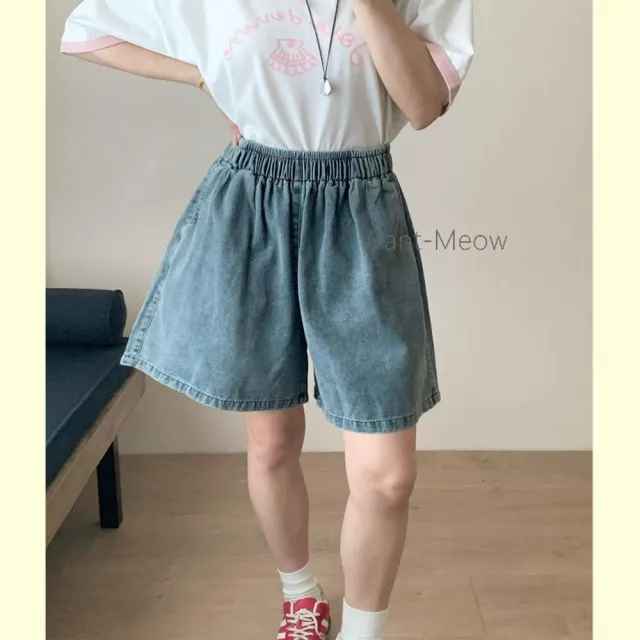【Want-Meow】70公斤可穿/寬鬆鬆緊腰顯瘦A字牛仔闊腿褲闊腿短褲(大碼/大尺碼/加大碼/短褲)