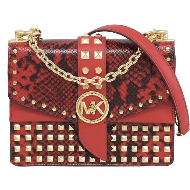 【Michael Kors】圓標金屬MK轉釦蛇紋鉚釘拼接雙蓋肩斜三用鍊包淑女包(紅)