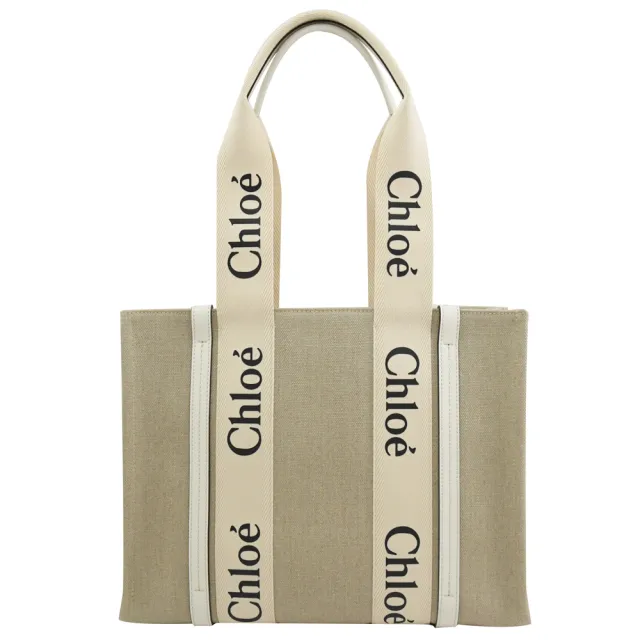 【Chloe’ 蔻依】Woody 經典品牌LOGO織帶個性帆布肩背托特包(米/白 中)