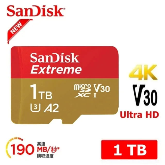 【SanDisk 晟碟】[極速升級 全新版] 1TB Extreme microSDXC V30 A2 記憶卡(讀取190MB/s 原廠永久保固)