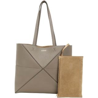 【LOEWE 羅威】Puzzle Fold 中號 粒面小牛皮 可折疊 肩背拼圖托特包(附收納袋/灰褐)(大容量 通勤包)