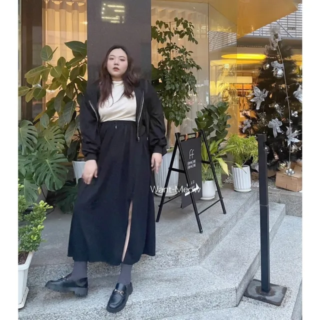 【Want-Meow】90公斤可穿/２件組兩件套裝外套+長裙韓系素面棉外套開衩裙套裝(大碼上衣/大碼/大尺碼/套裝)