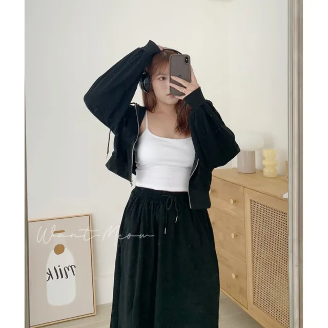 【Want-Meow】90公斤可穿/2件組兩件套裝外套+長裙韓系素面棉外套開衩裙套裝(大碼上衣/大碼/大尺碼/套裝)