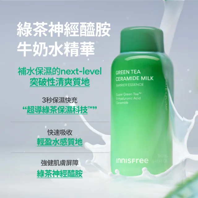【innisfree】綠茶牛奶水精華密集補水組(牛奶水320ml+面膜5片/神經醯胺、玻尿酸)
