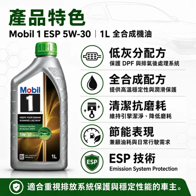 【MOBIL 美孚】美孚1號 Mobil 1 ESP 5W30全合成機油SQ/C3汽柴共用1L 整箱12入車麗屋