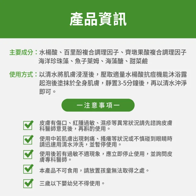 【FJ豐傑生醫】水楊酸抗痘機能沐浴露-500ml/瓶(胸背部痘痘沐浴乳ｘ收斂毛孔ｘ幫助角質代謝抗菌)