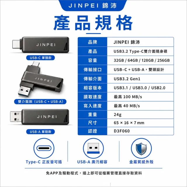【JINPEI 錦沛】128GB USB3.2 Type-C雙介面隨身碟