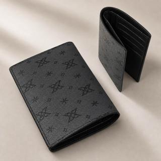 【LEEHER】男用皮夾/防潑水滿版老花塗層帆布/8卡位錢包/男生皮夾/頭層牛皮內裡/男士直式短