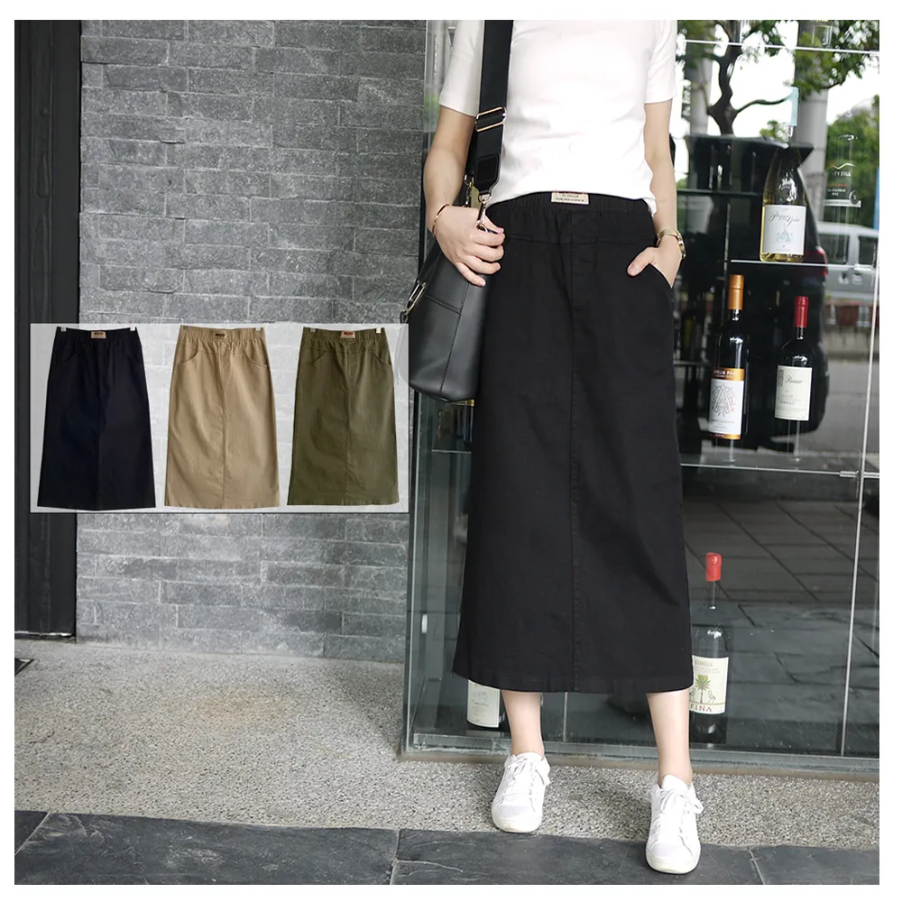 【SISTERS】很顯瘦的素色後開衩鬆緊腰牛仔長裙/共三色(新品/牛仔裙/長裙/鬆緊腰/顯瘦/丹寧/中長裙)