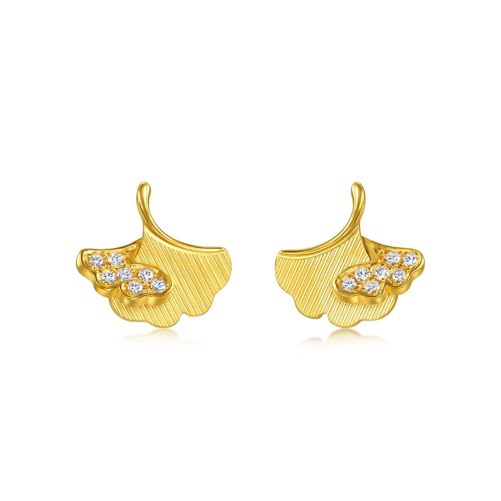 【點睛品】閃耀銀杏葉 黃金鑽石耳環(一對)