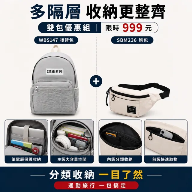 【WHOSE BAG】雙11 買一送一 韓國製15吋筆電後背包+防潑水胸包 大容量雙包組 WBS147