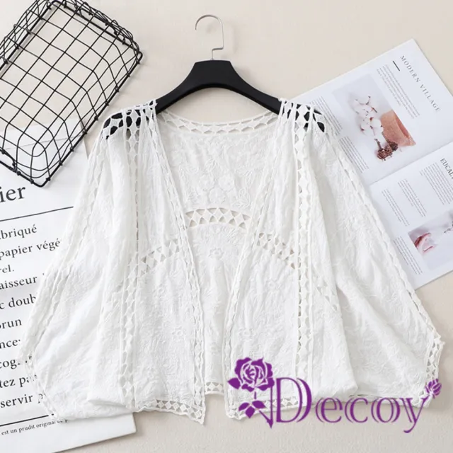 【Decoy】鏤空復古 五分飛鼠袖重工勾花罩衫外套/白