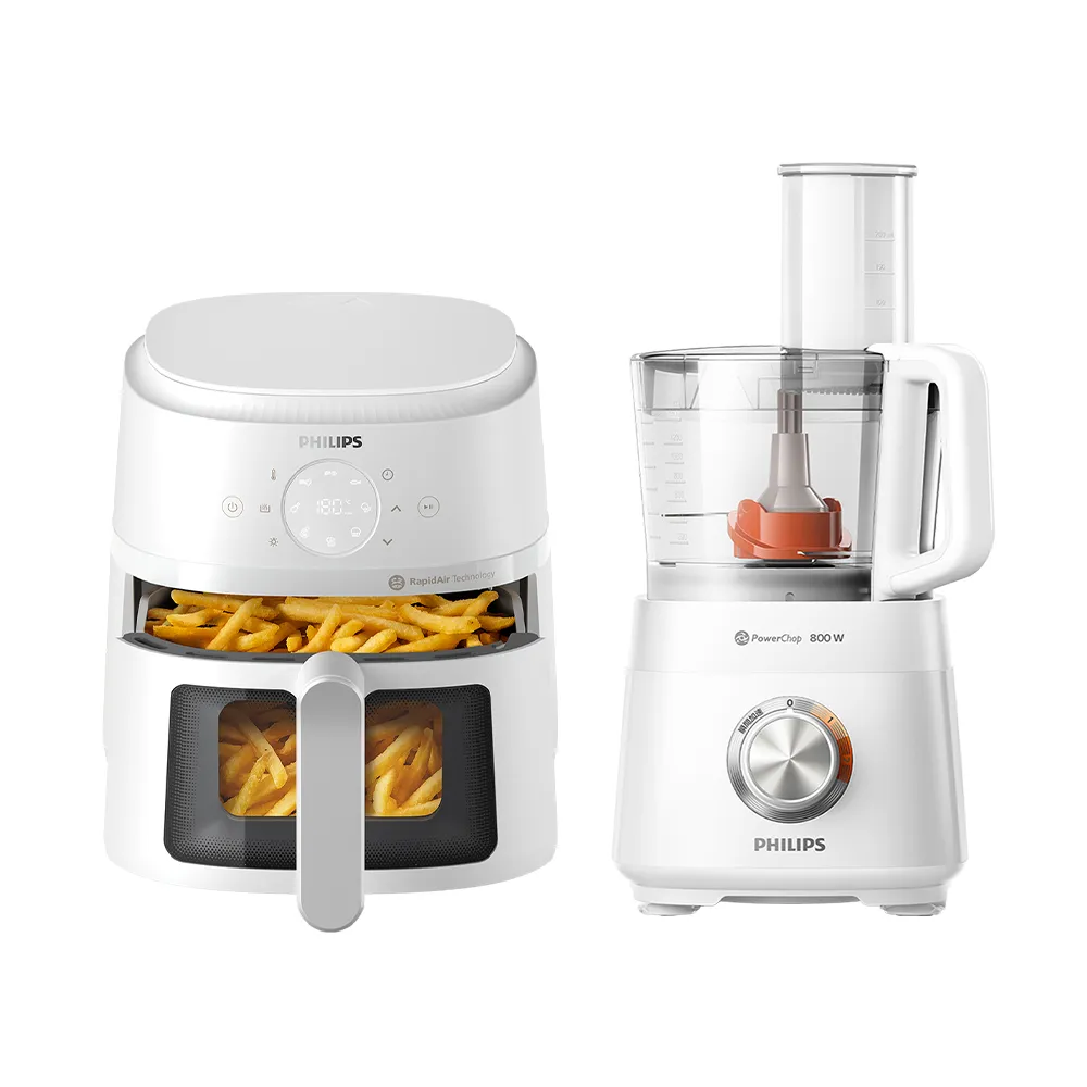 【Philips 飛利浦】星樂視透視海星氣炸鍋4.2L+廚神料理機_NA221-白+HR7510
