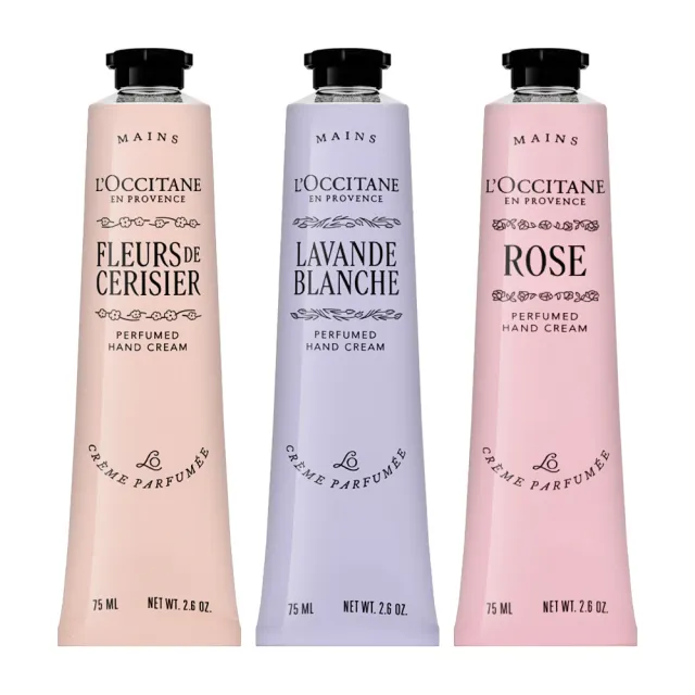 【L’Occitane 歐舒丹】普羅旺斯護手霜三件組 75ml*3(平行輸入/櫻花.白薰衣草.玫瑰)