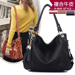 【Amay Style 艾美時尚】真皮女包 側肩包 斜背包 歐美系牛皮復古流蘇手提肩背大方包(7色.預購)