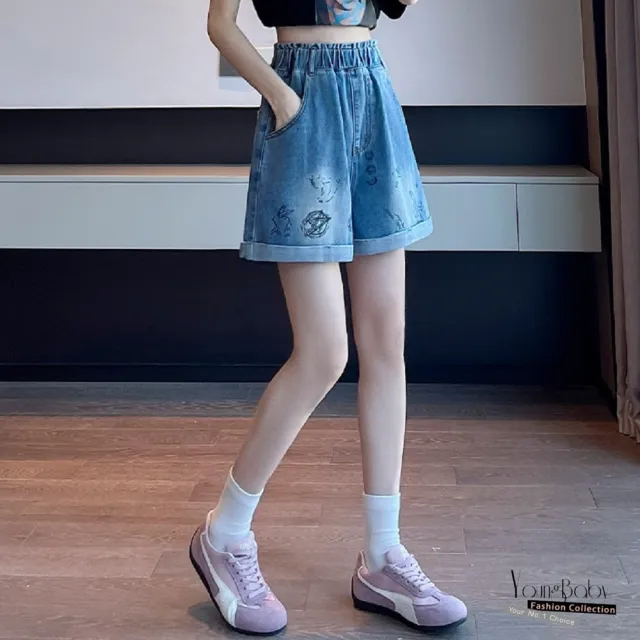 【YOUNGBABY】韓系塗鴉印花鬆緊高腰牛仔短褲 中大尺碼女裝