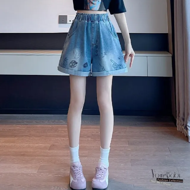 【YOUNGBABY】韓系塗鴉印花鬆緊高腰牛仔短褲 中大尺碼女裝