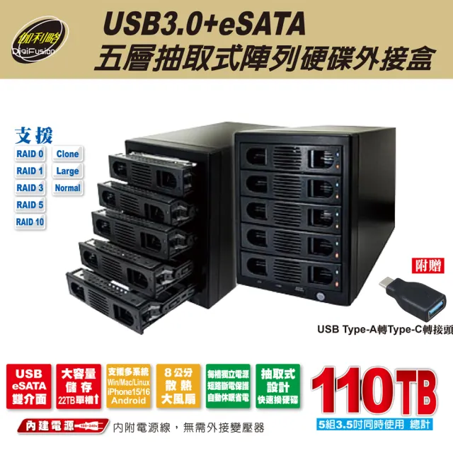 【伽利略】USB3.0 + eSATA 5-bay硬碟外接盒(35D-U3ES5R)