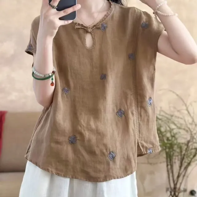 【ONEY 歐妮】★透氣涼爽刺繡棉麻上衣(女裝/女上衣/短袖T恤/休閒/日系/通勤)