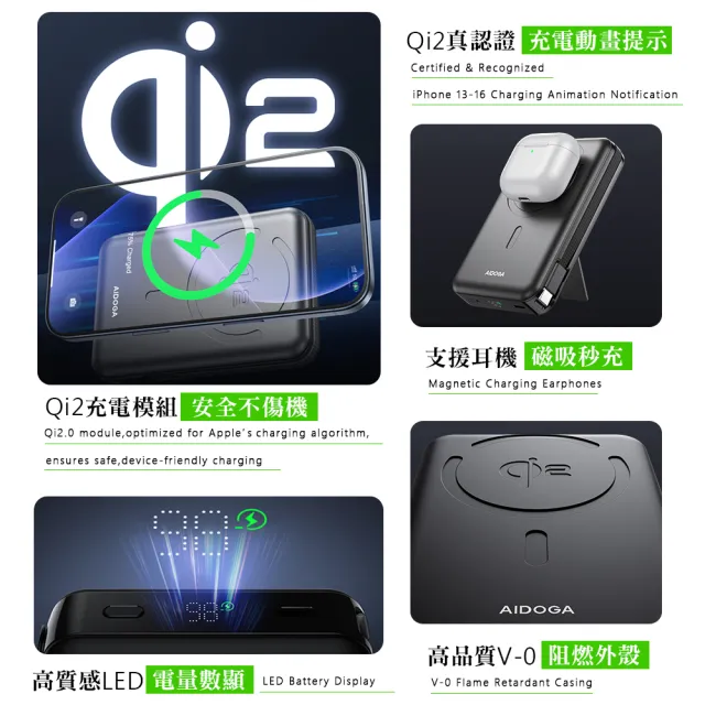 【AIDOGA】Qi2 10000mAh 可上飛機 磁吸無線充行動電源支架 PD雙向快充充電線 Wh/Magsafe/中國CCC+QRCode