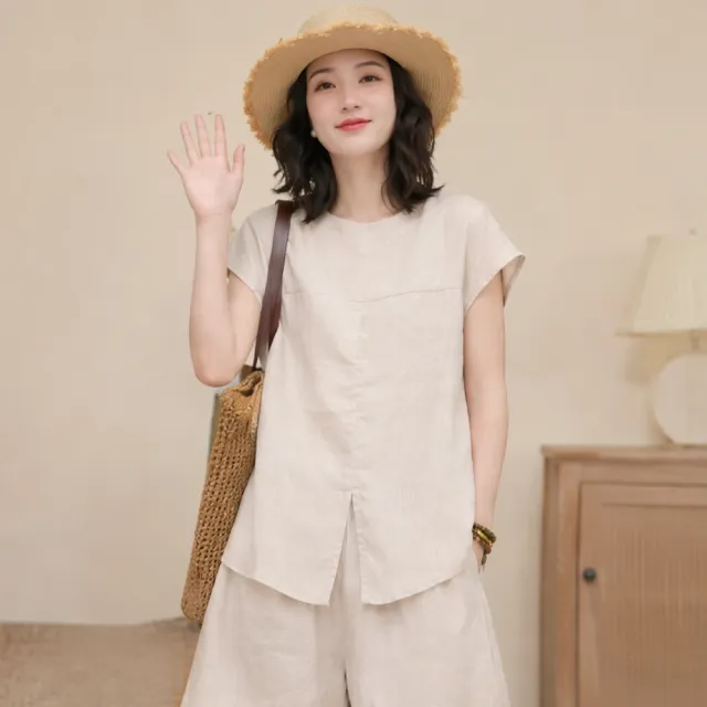 【LANNI 藍尼】★涼爽透氣短袖短褲套裝(女裝/女上衣/T恤/百搭/日系/通勤)