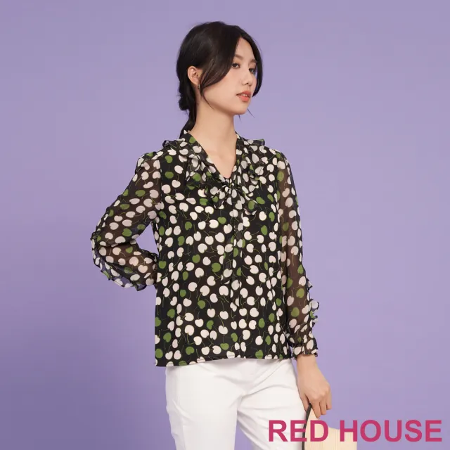 【RED HOUSE 蕾赫斯】甜美荷葉領櫻桃印花雪紡上衣(黑色)