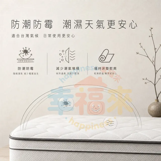 【happiness 幸福來】雙人-防蟎抗菌加大獨立筒床墊 5尺25公分（188*152*25） 軟硬適中｜透氣面料