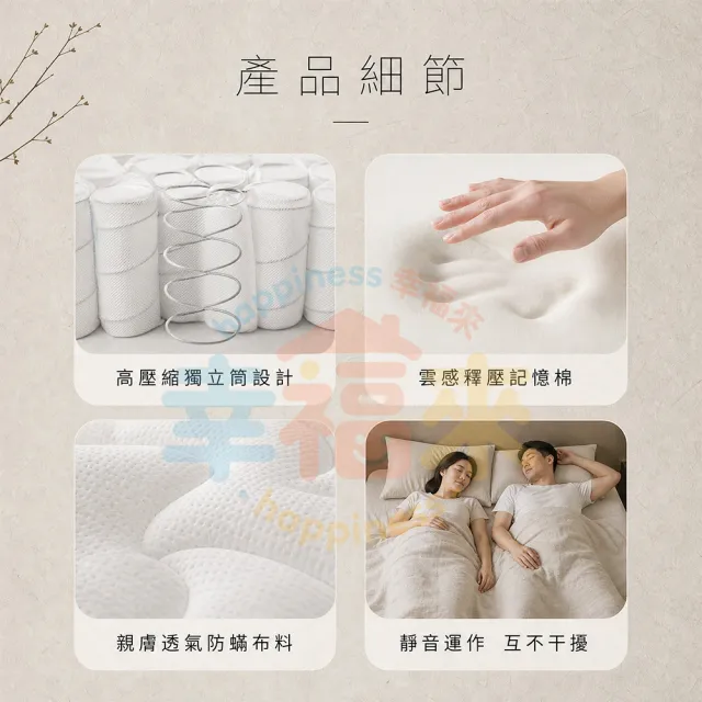 【happiness 幸福來】加大單人-防蟎抗菌獨立筒床墊 3.5尺25公分（188*105*25） 軟硬適中｜透氣面料