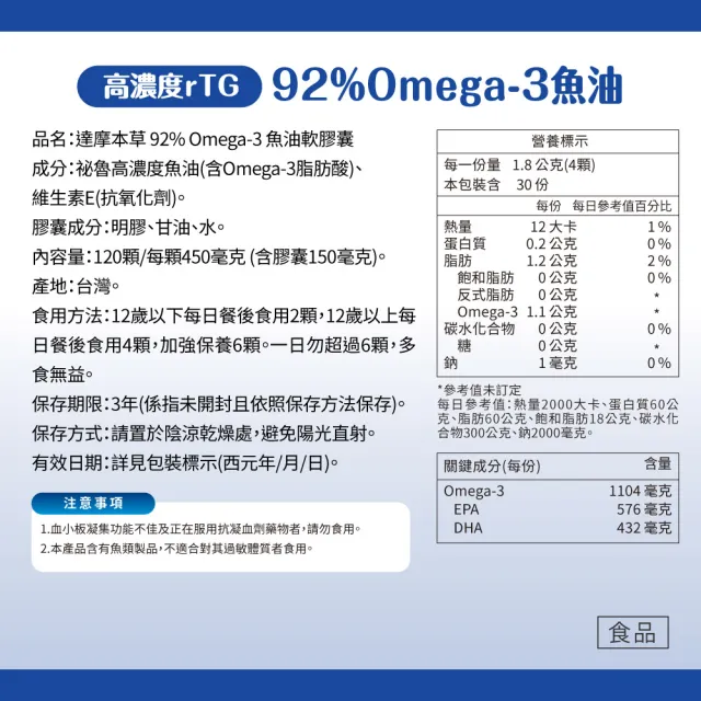 【達摩本草】92% Omega-3 rTG高濃度魚油EX 10入120顆/盒(醫生推薦、低腥味)