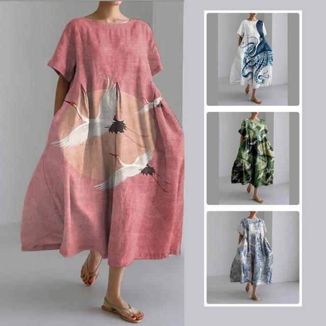 【巴黎精品】現貨+預購 連身裙短袖洋裝大尺碼女裝(圓領寬鬆網版娟印顯瘦長裙連衣裙女裙子15款b2a11 B)
