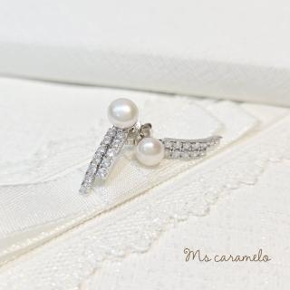 【Ms caramelo 焦糖小姐】925純銀鍍K白 弧線滿鑽(淡水珍珠耳環)