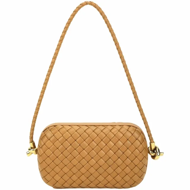 【BOTTEGA VENETA 寶緹嘉】BV Knot 全新展示品 扭結金屬飾 小羊皮編織 肩背包(底右側破皮/ 駝棕色)