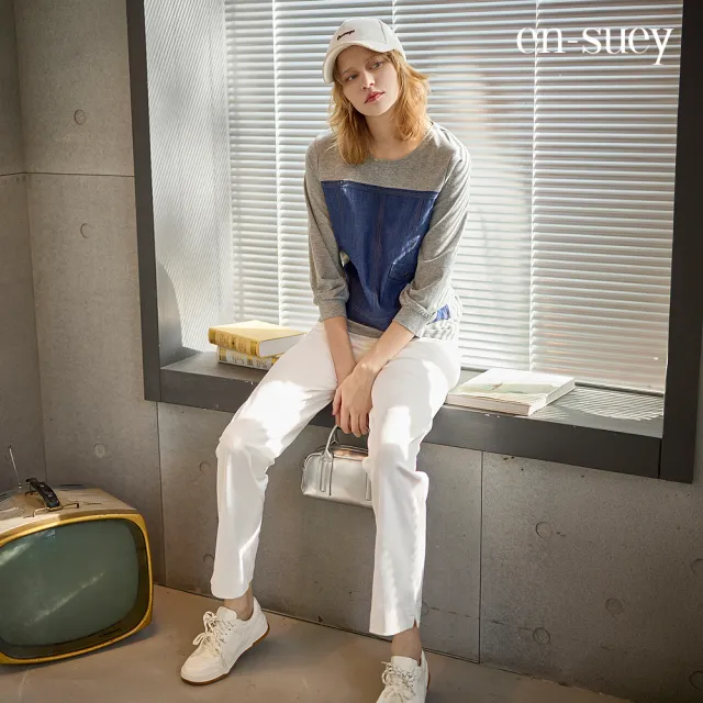 【en-suey 銀穗】異素材拼接牛仔棉T上衣-女