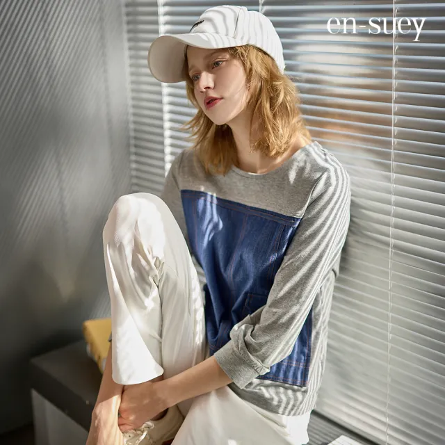 【en-suey 銀穗】異素材拼接牛仔棉T上衣-女