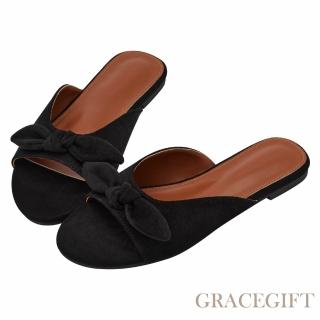 【Grace Gift】日雜女孩絨面蝴蝶結寬帶平底拖鞋 (黑)